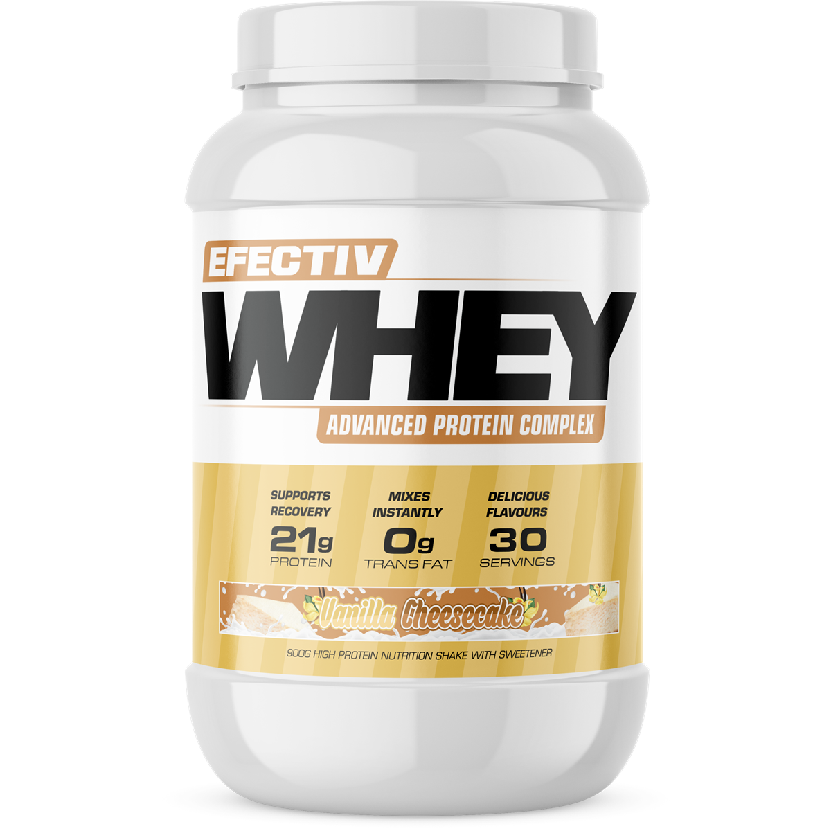 White plastic tub of Effectiv Nutrition Whey vanilla cheesecake flavored protein for lean muscle