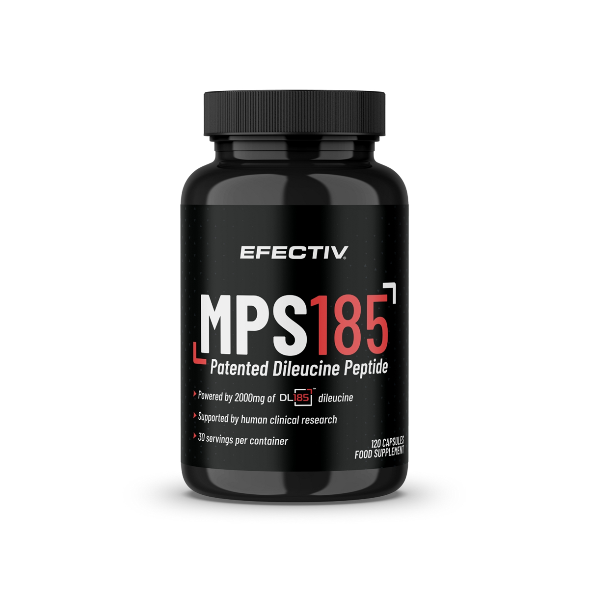 Black plastic supplement bottle of Efectiv Nutrition MPS185 supporting mTOR pathway with revolutionary dipeptide