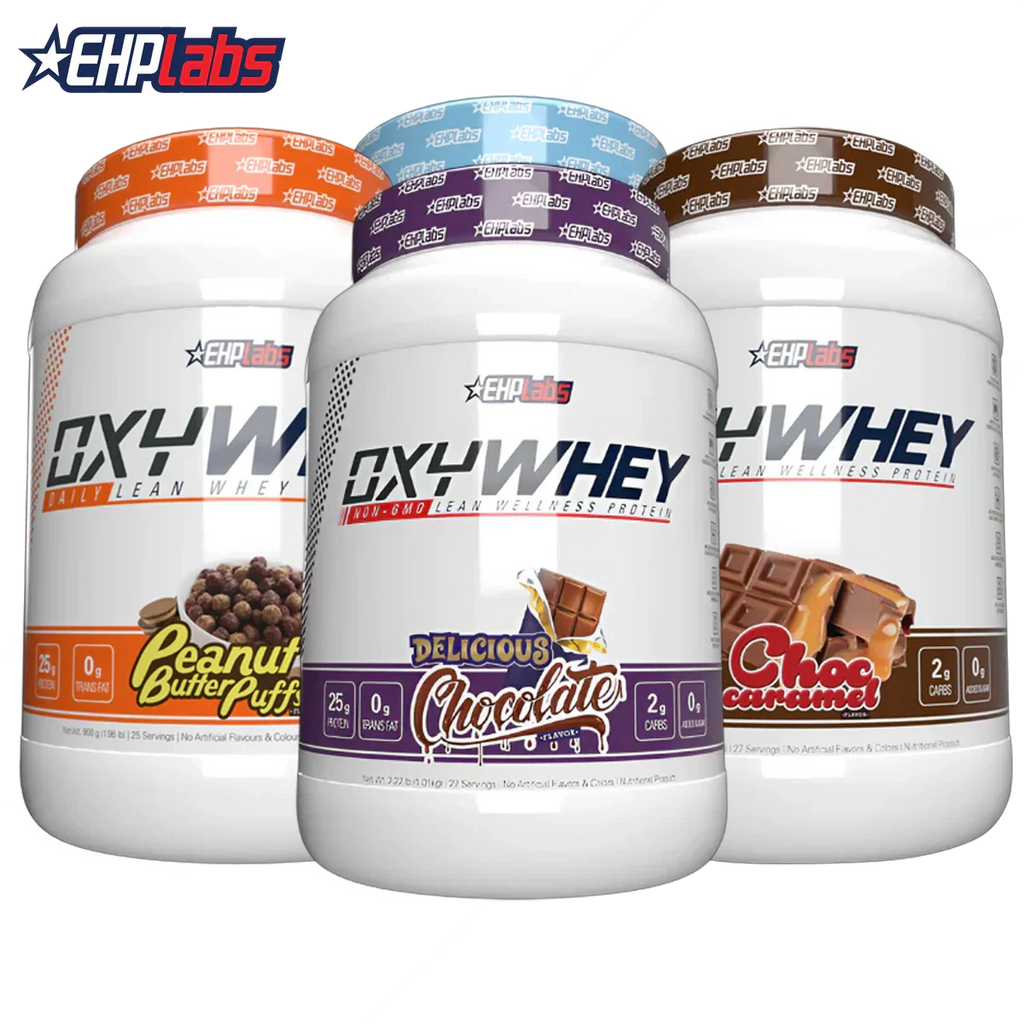 Three tubs of EHP Labs OxyWhey flavored protein powder with non-GMO protein blend for lean muscle