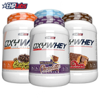 Three tubs of EHP Labs OxyWhey flavored protein powder with non-GMO protein blend for lean muscle
