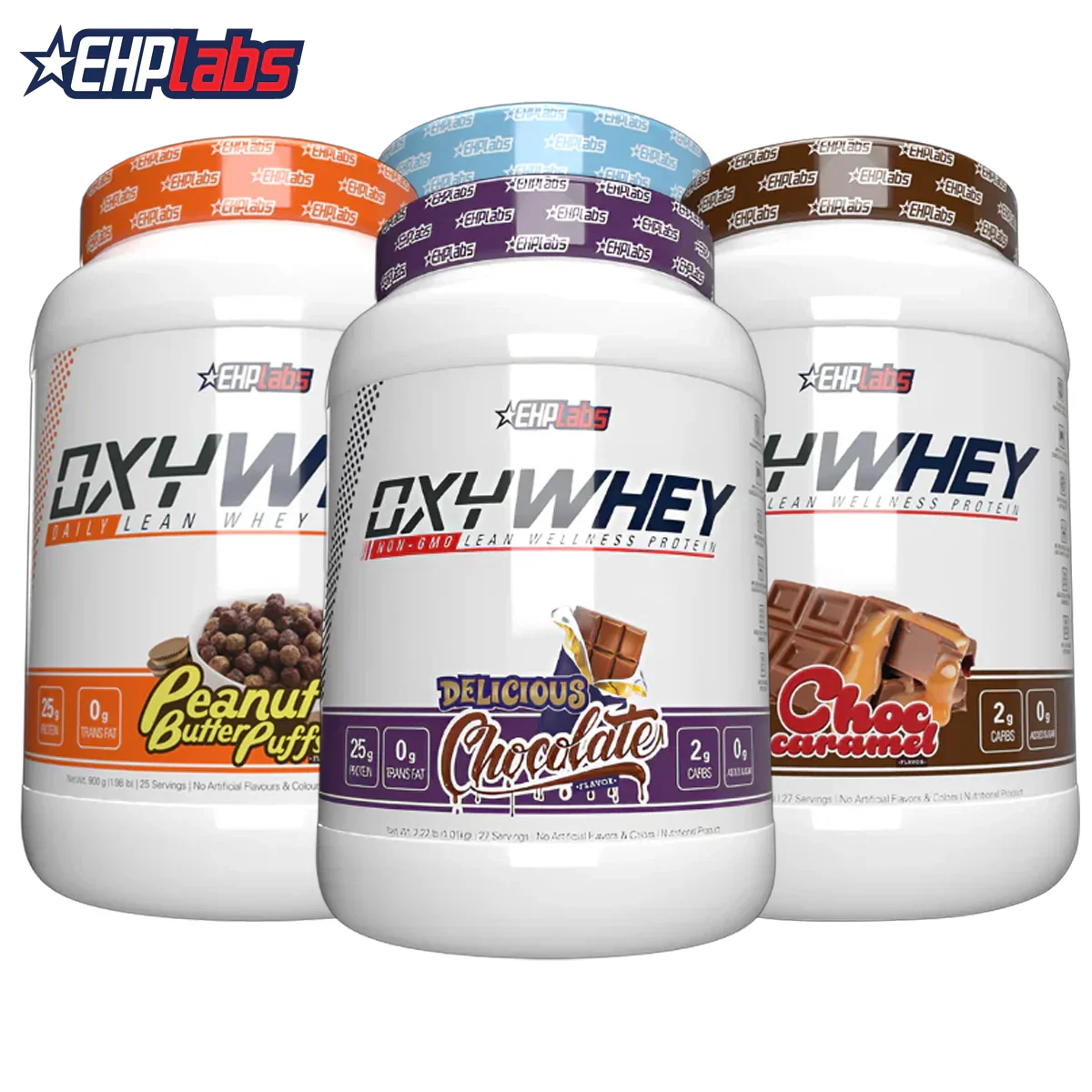 Three tubs of EHP Labs OxyWhey flavored protein powder with non-GMO protein blend for lean muscle