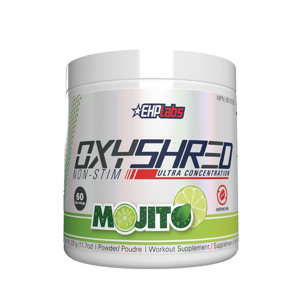 EHP Labs OxyShred Non-Stim fat loss pre-workout powder with mojito flavor and 60 servings