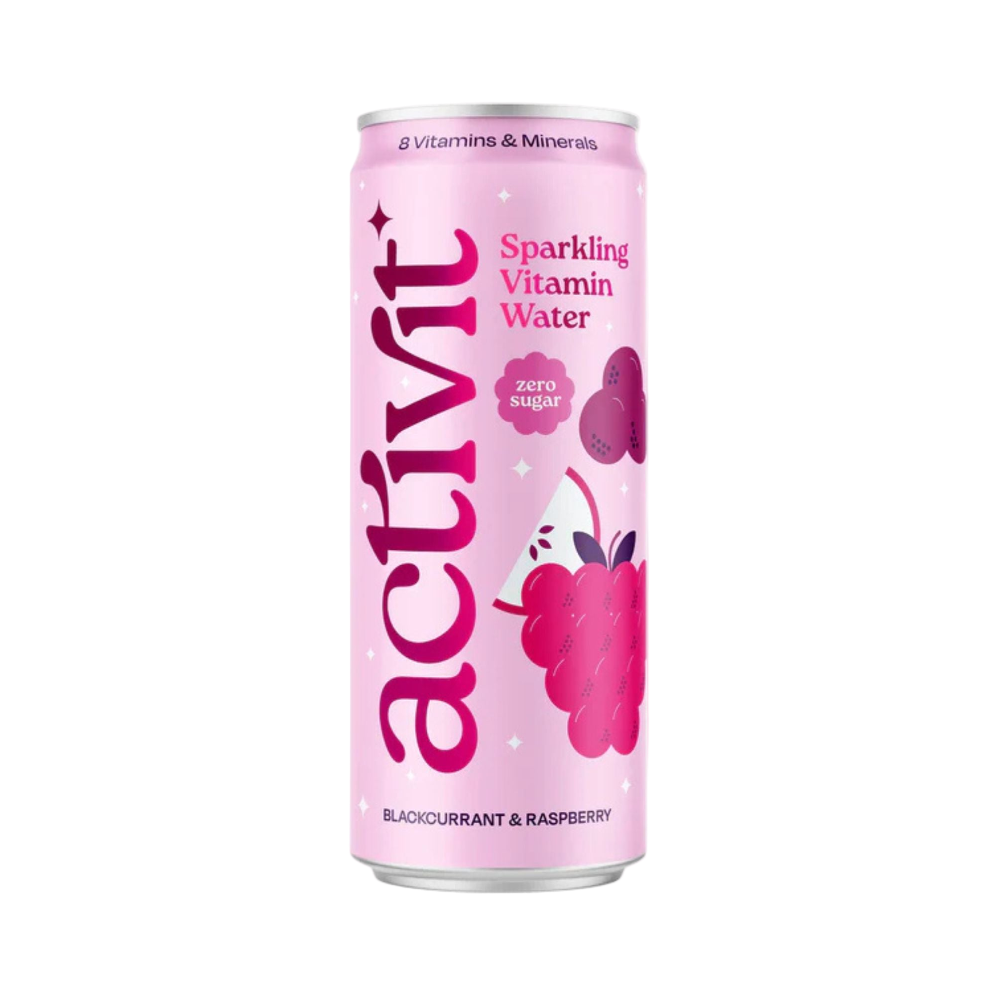 Pink can of Activit sparkling vitamin water with blackcurrant and raspberry design on a white background