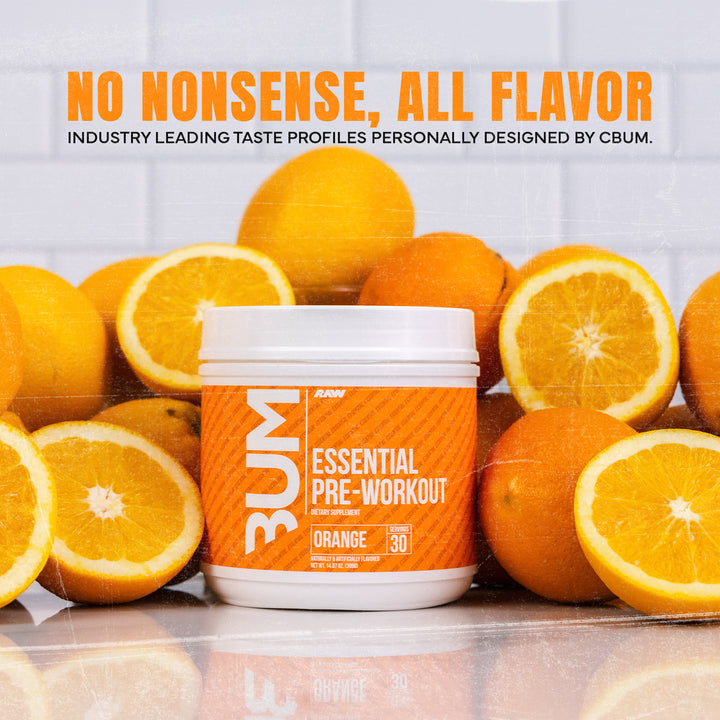 Raw Nutrition Essential PRE orange-flavored pre-workout with beta alanine to fight fatigue