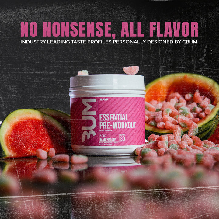 Raw Nutrition Essential PRE sour watermelon pre-workout powder with beta alanine to fight fatigue