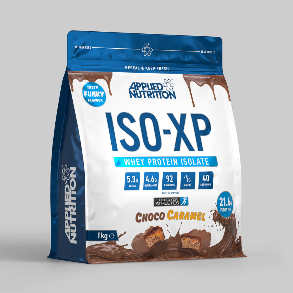 Applied Nutrition Iso-XP chocolate caramel whey protein isolate powder in resealable bag