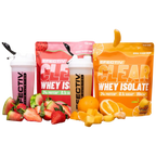 Two Efectiv Nutrition Clear Whey Isolate pouches with shakers and fresh fruit