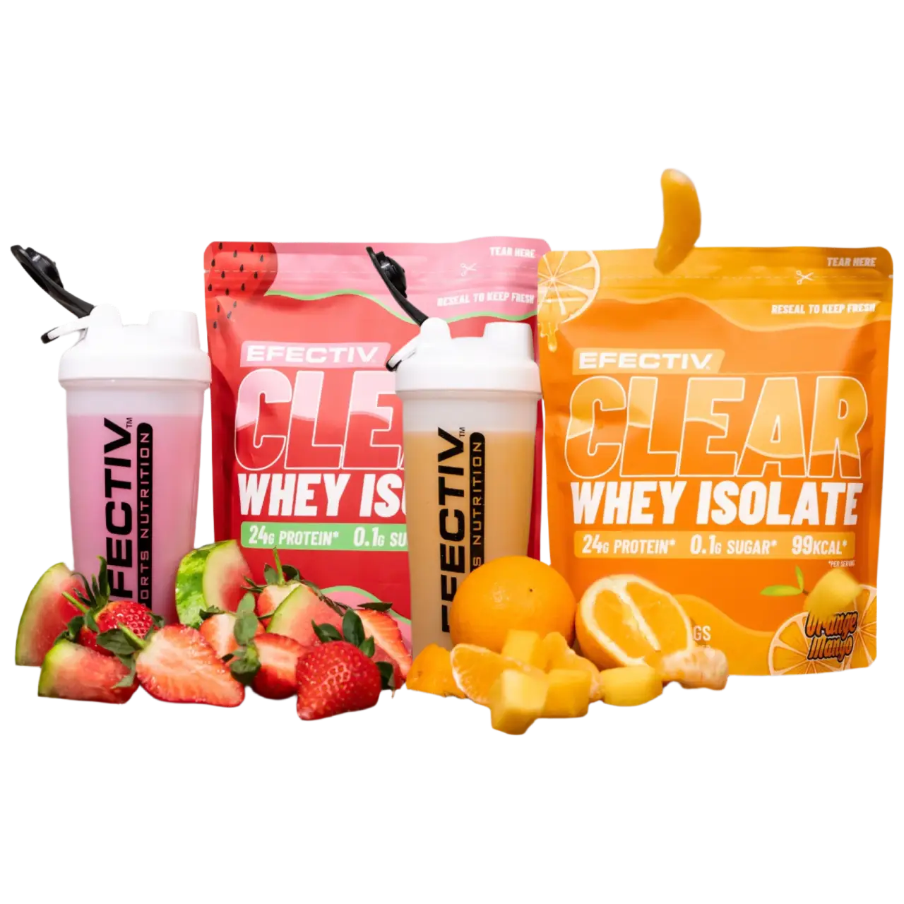 Two Efectiv Nutrition Clear Whey Isolate pouches with shakers and fresh fruit