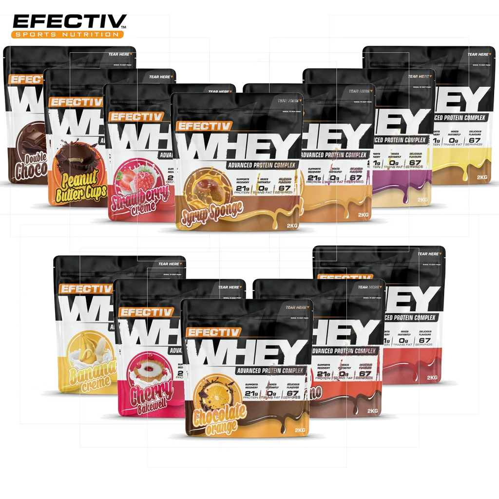 Various flavored protein powder pouches for lean muscle with Effectiv Nutrition Whey
