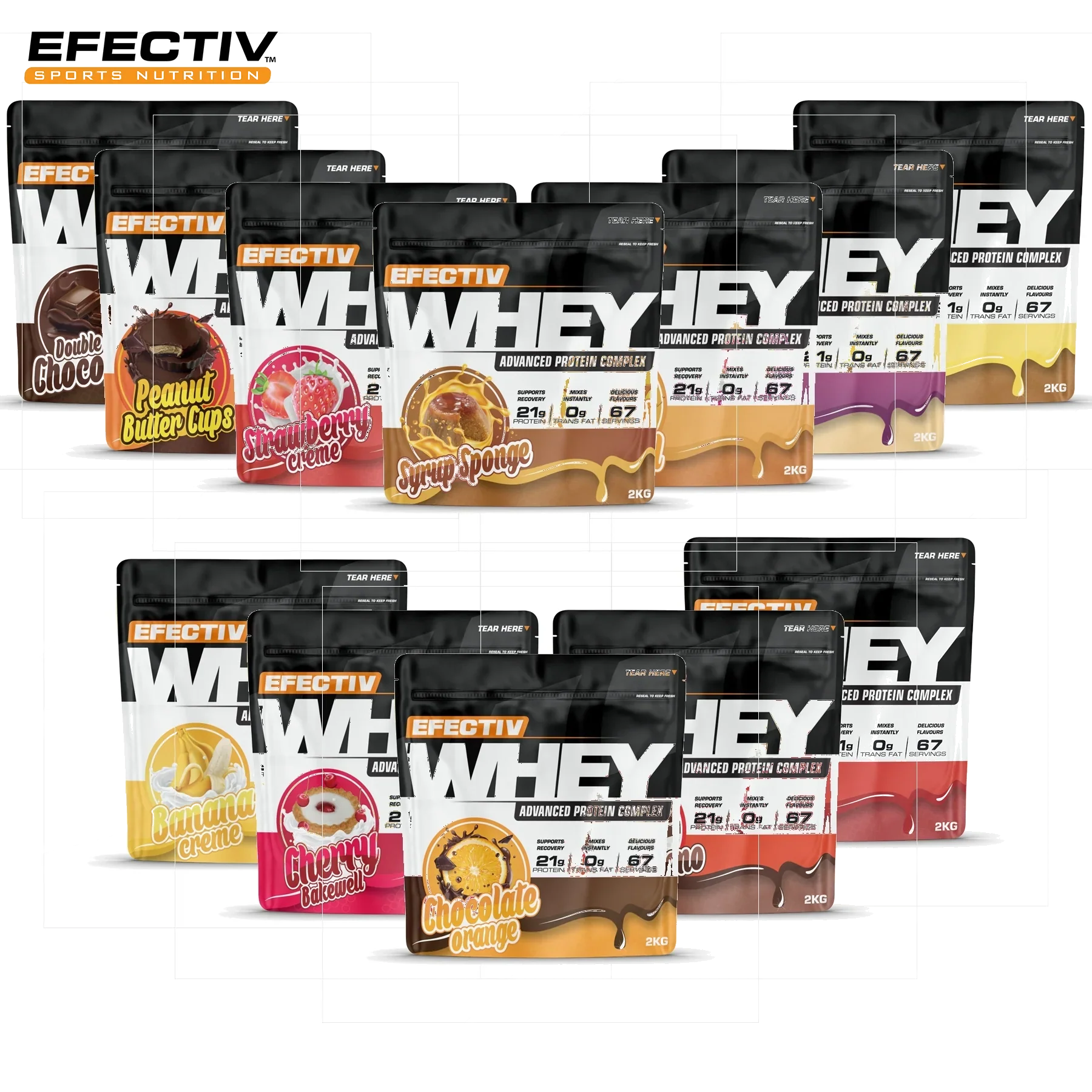 Various flavored protein powder pouches for lean muscle with Effectiv Nutrition Whey