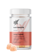 IOX Electrolyte supplement bottle with lemon and orange flavor on a white background