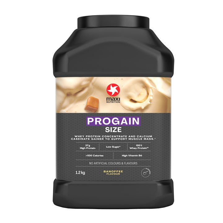 Black plastic tub of MaxiNutrition Progain Banoffee flavored high-quality whey protein powder