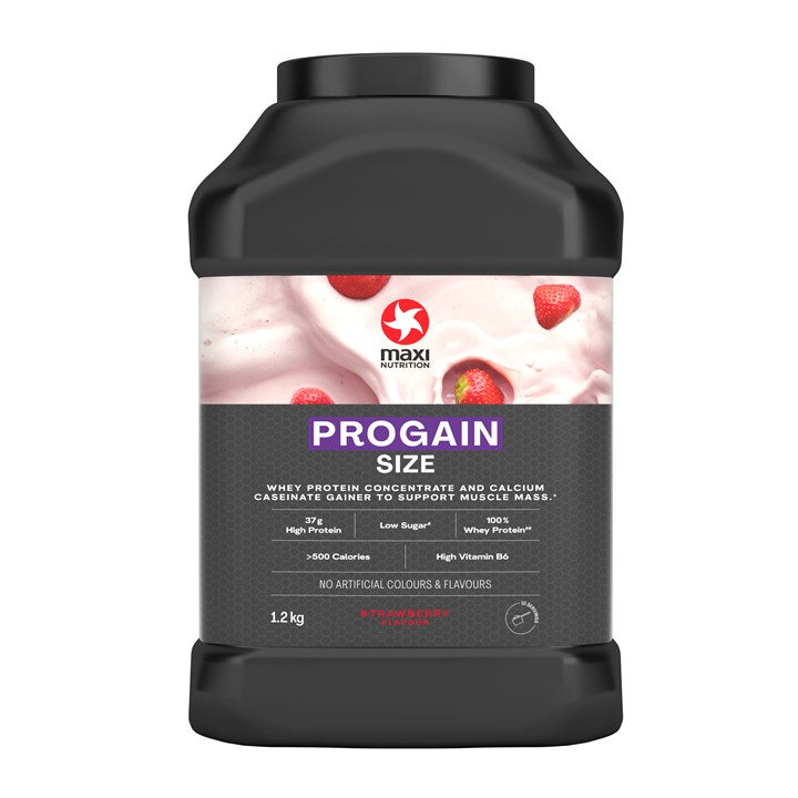 Strawberry-flavored MaxiNutrition Progain 1.2kg high-quality whey protein container