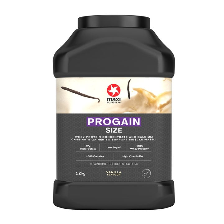 Black plastic tub of MaxiNutrition Progain vanilla high-quality whey protein for muscle gain