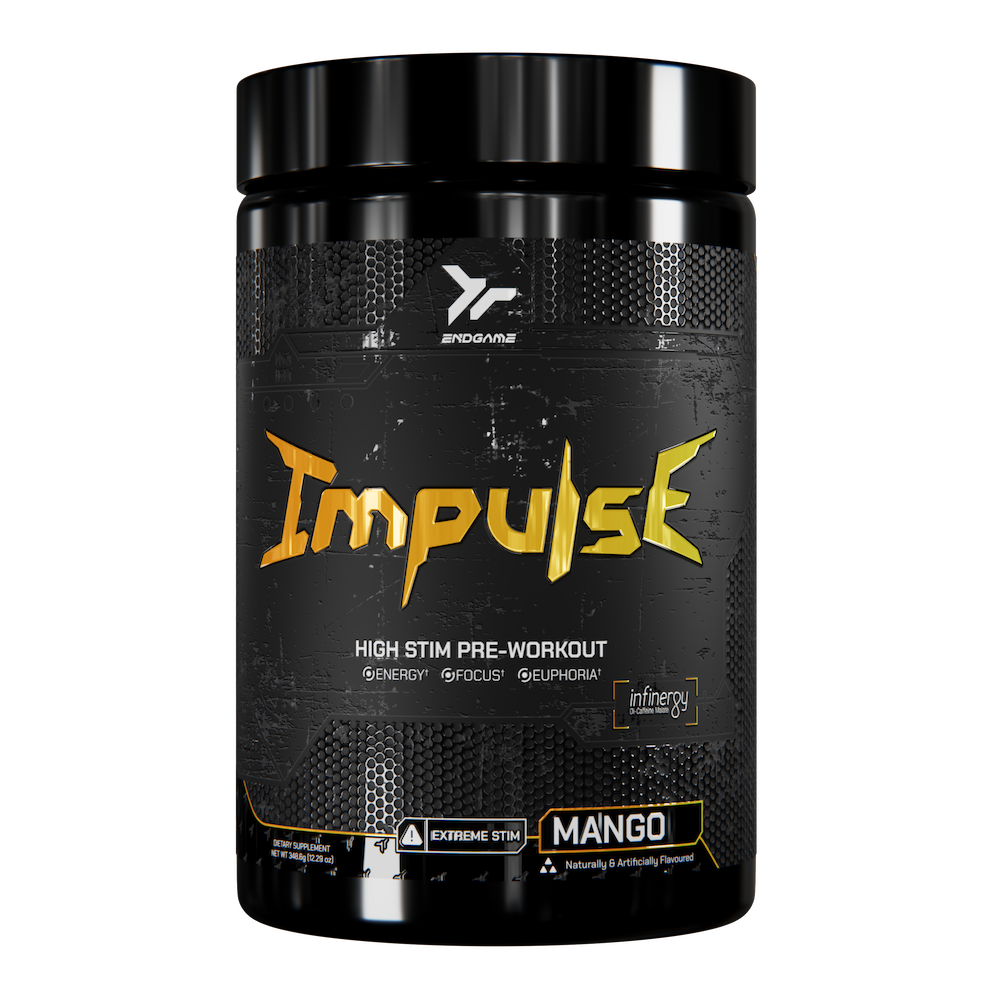 Black Endgame Impulse Pre-workout container with gold Impulse logo and Mango flavor for explosive energy