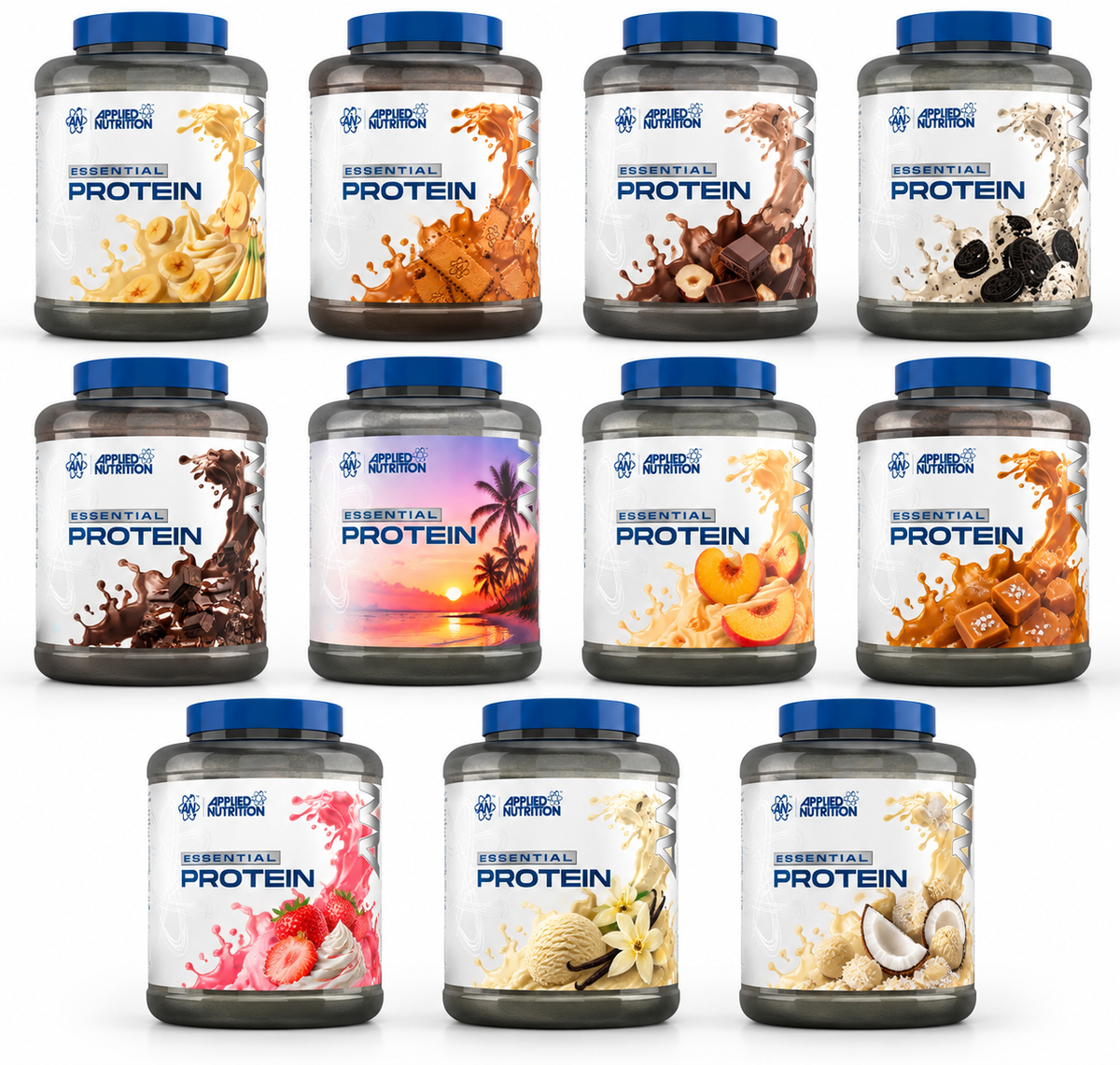 Nine jars of Protein powder arranged in a 3x3 grid on a plain white background. Each jar has a blue lid and a white label with different flavor illustrations: banana, chocolate, nuts, coffee, beach/sunset, orange, chocolate drizzle, strawberry, vanilla, and coconut.