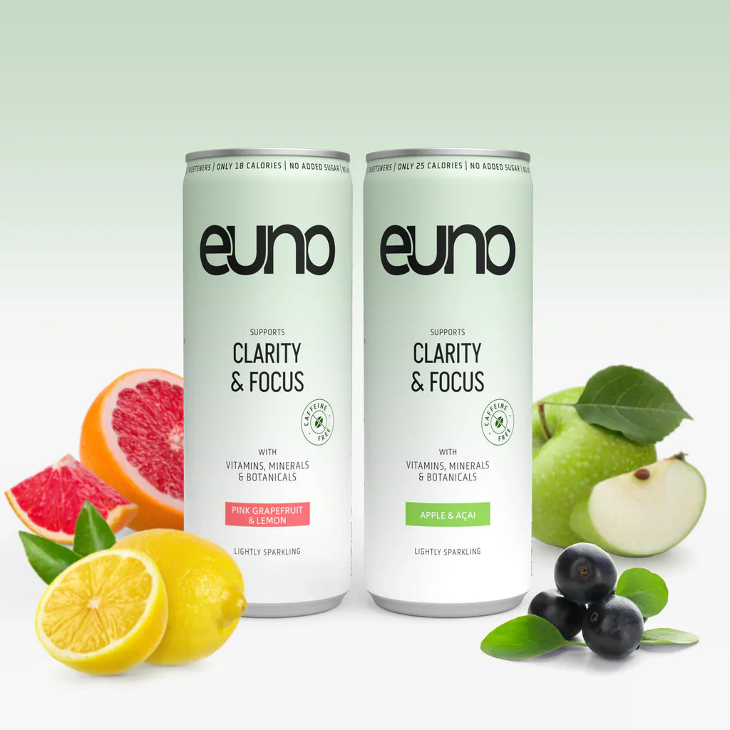 Two Euno Clarity & Focus Nootropics Drinks with lion’s mane, pink grapefruit, lemon, apple, acai