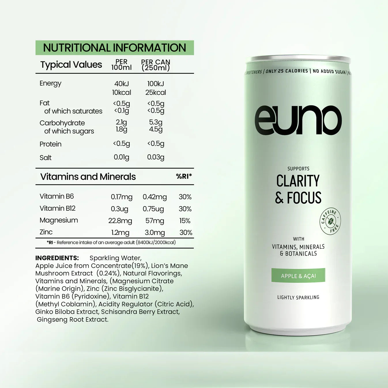Euno Clarity & Focus Nootropics Drink with apple acai flavor, lion’s mane, vitamins