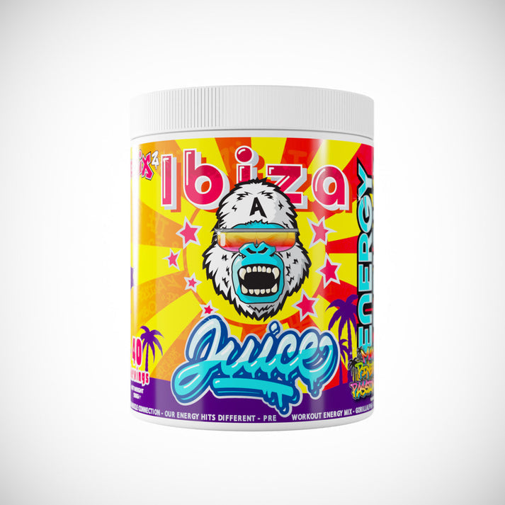 Colorful energy supplement in a white tub for Gorillalpha Ibiza Juice Remix energy boost