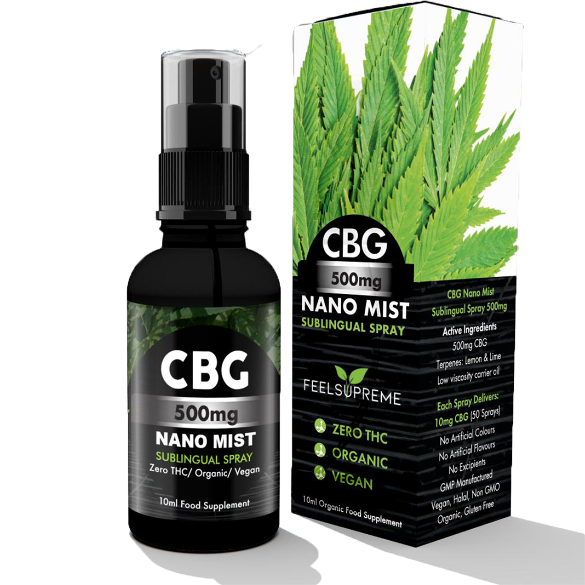 Black bottle of Feel Supreme CBG Nano Spray 500mg with retail box, purest CBG crystals