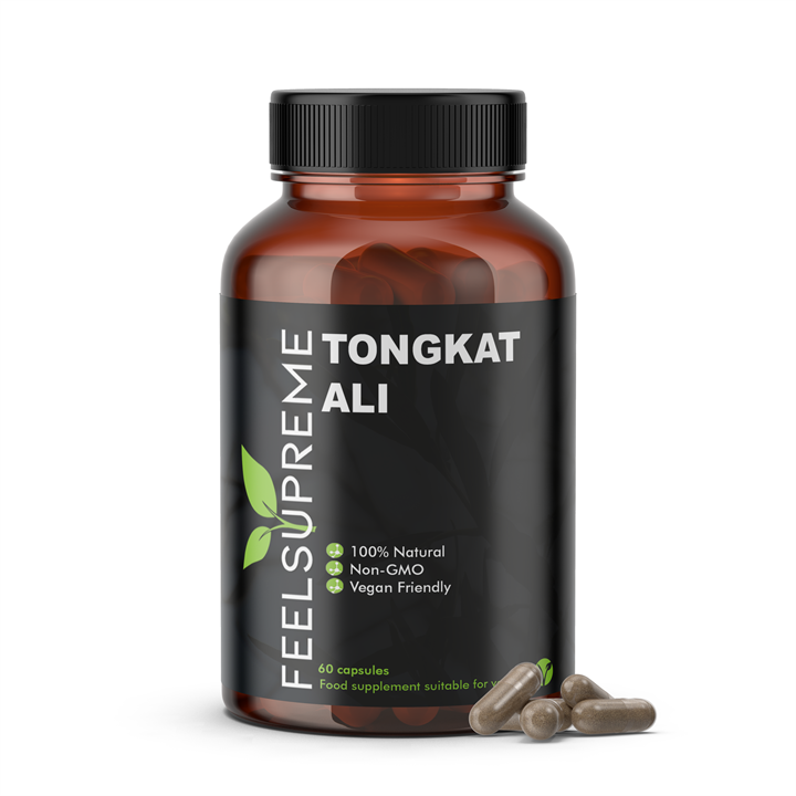 Brown bottle of Feel Supreme Tongkat Ali capsules for natural energy boost