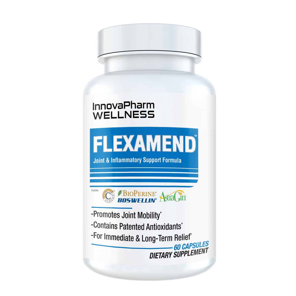 White plastic bottle of Innovapharm Flexamend capsules for natural joint support