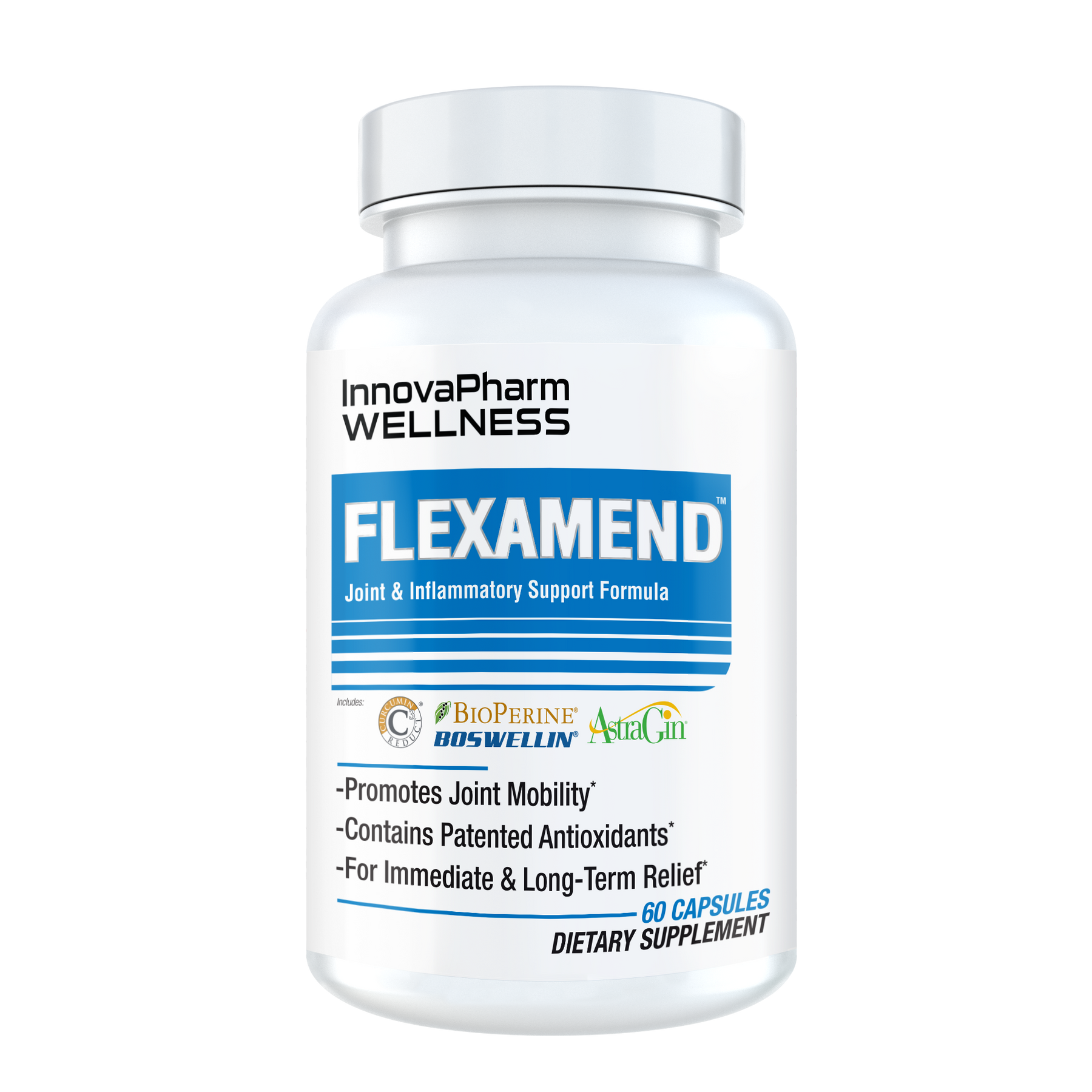 White plastic bottle of Innovapharm Flexamend capsules for natural joint support