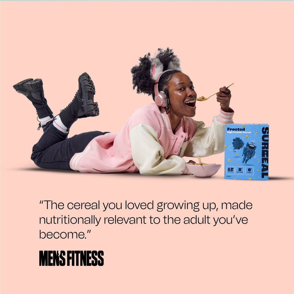 Box of Surreal Protein Cereal with Frosted Surreal cereal branding