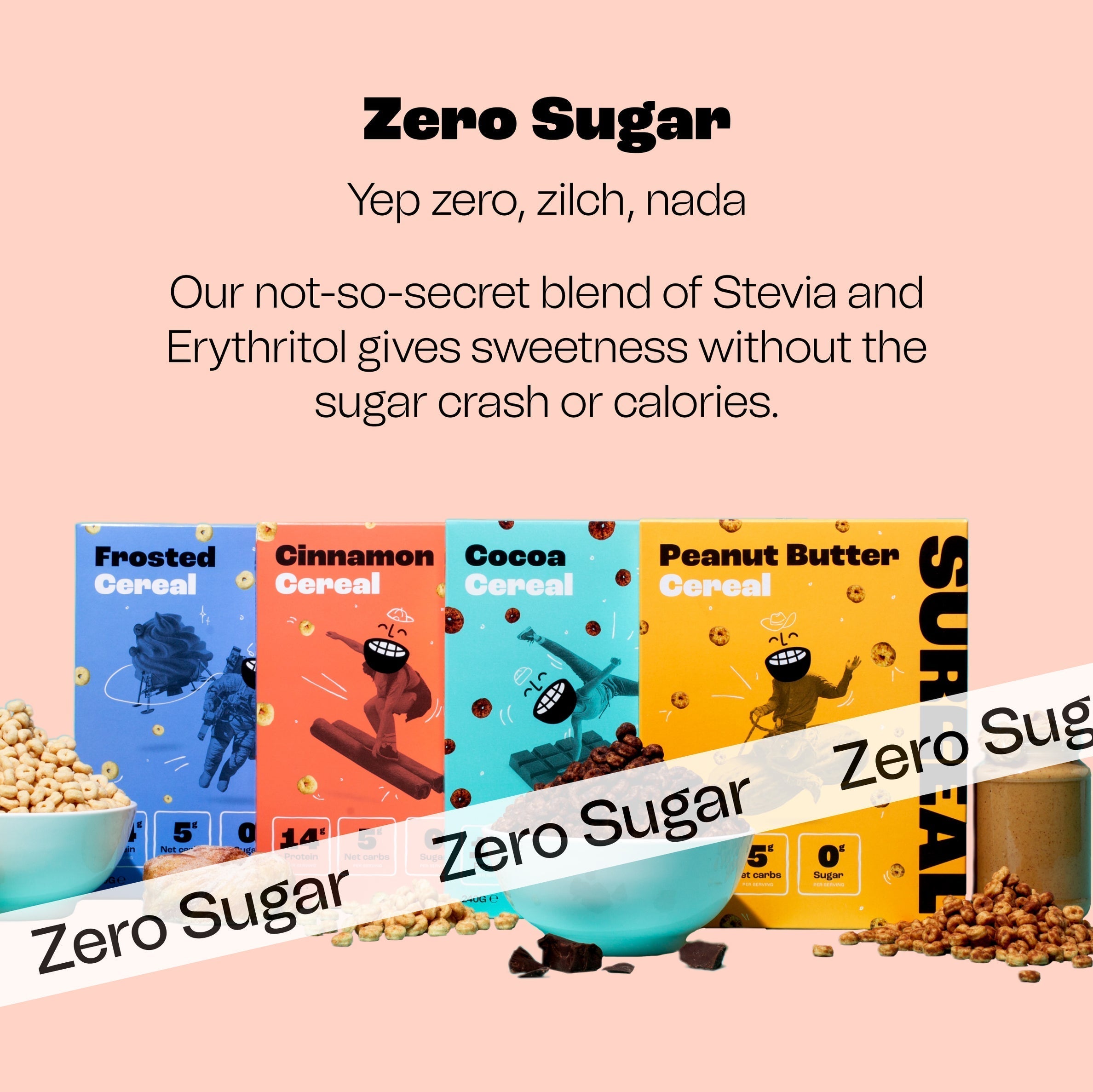 Four boxes of Surreal Protein Cereal in different zero-sugar flavors for a healthy snack