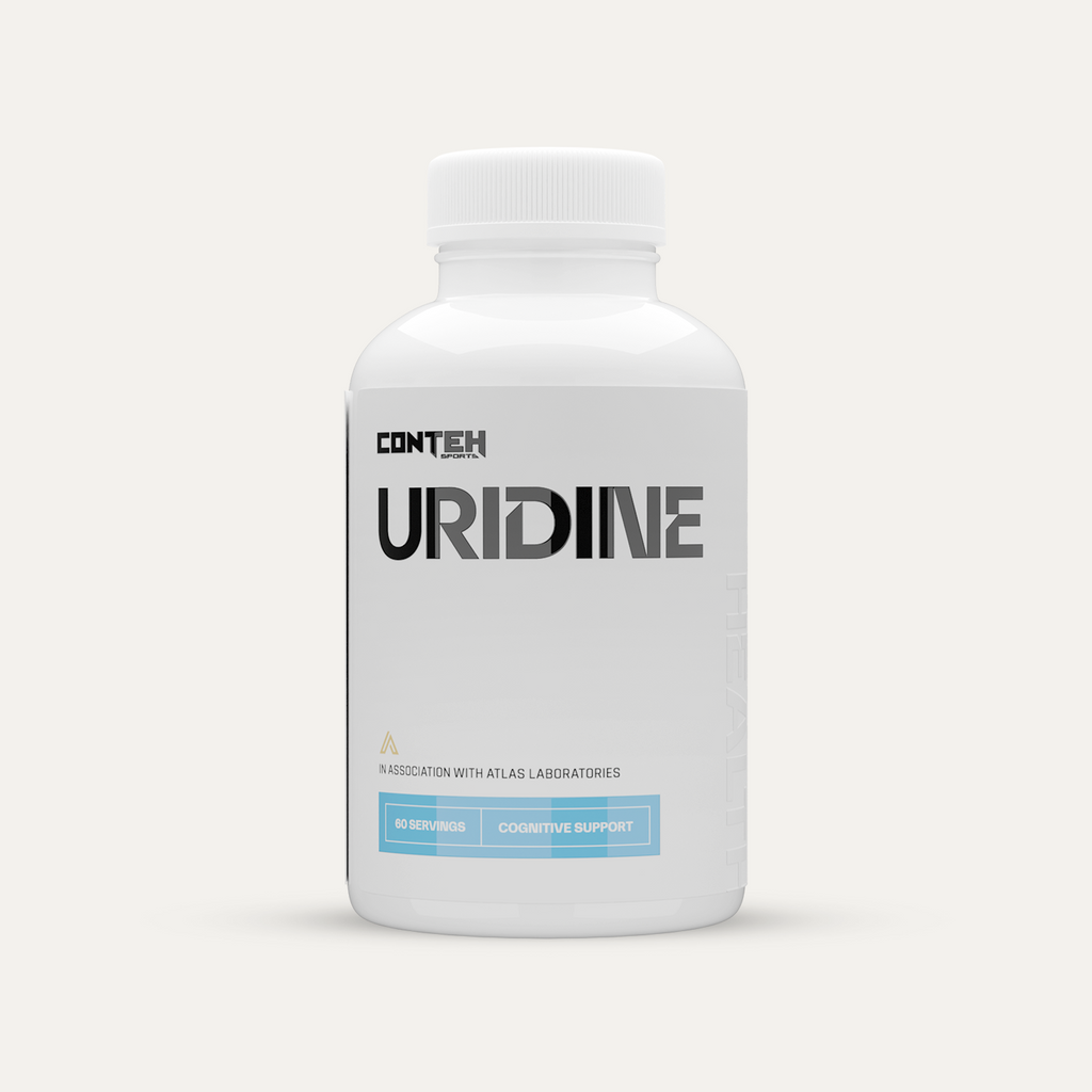 White bottle of Conteh Sports Uridine supplement that boosts brain health and helps regulate dopamine