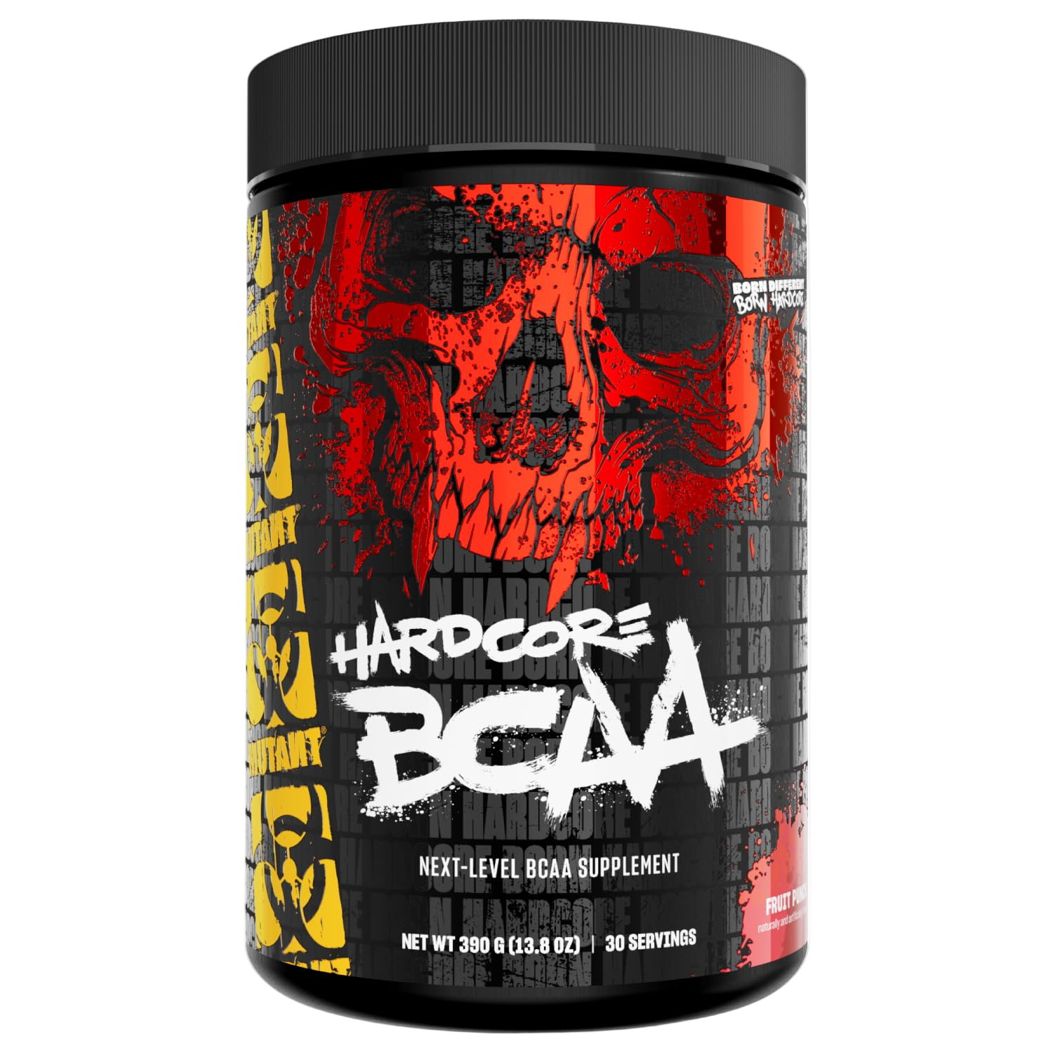 Supplement container with red skull design and 'Hardcore BCAA' text on a white background