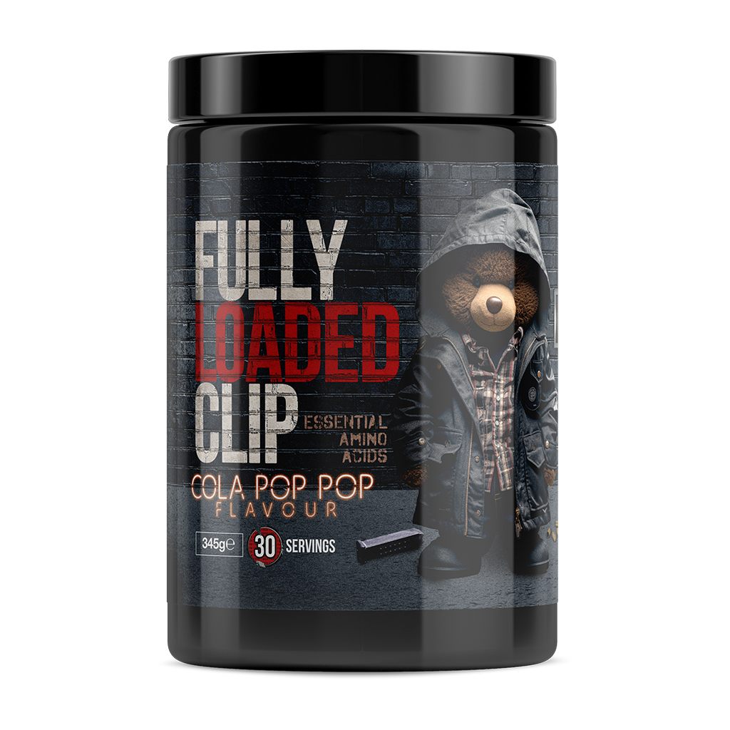 Black tub of Fully Loaded Clip EAA for muscle recovery and delicious flavors, 345g
