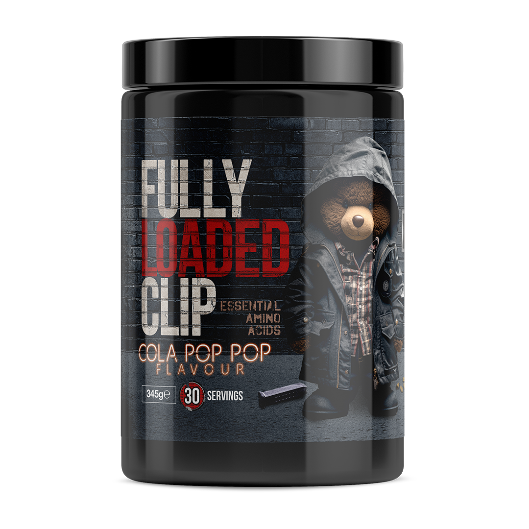 Black tub of Fully Loaded Clip EAA for muscle recovery and delicious flavors, 345g