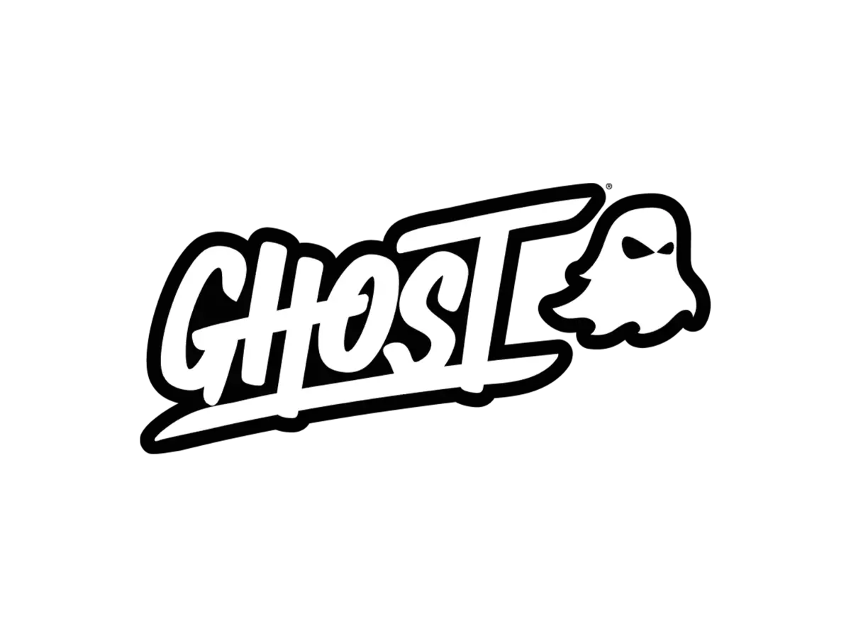 Ghost brand logo with stylized ghost icon on a white background