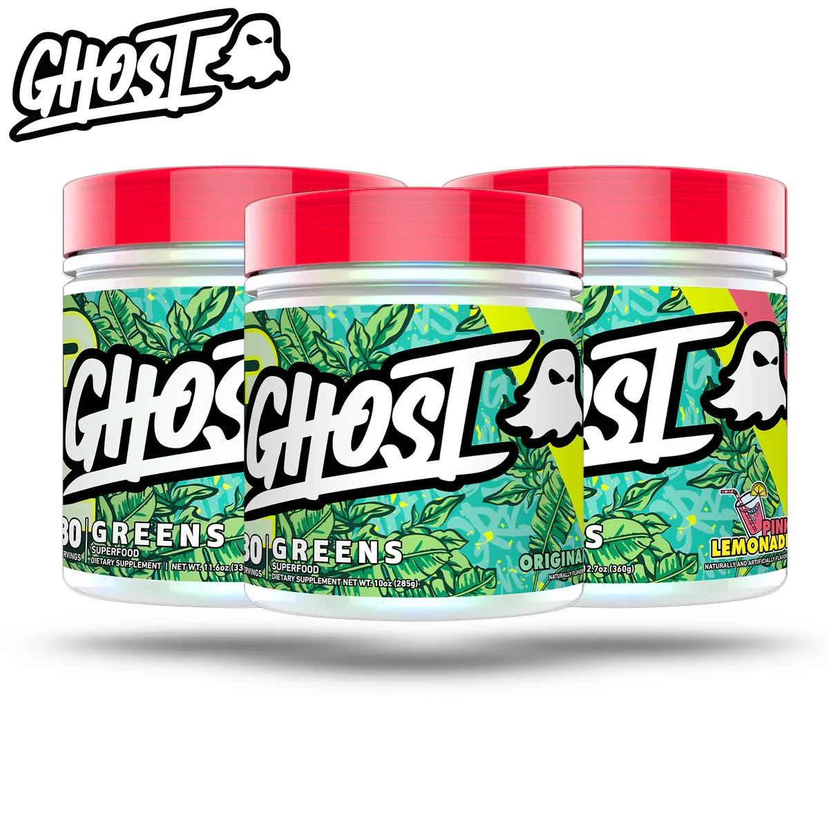 Three Ghost Greens containers with billion CFU and BioCore® Optimum probiotic blend