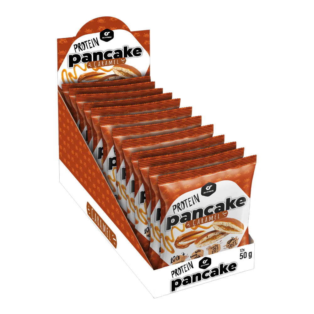 Display of Go Fitness Protein Pancake pouches with caramel flavor, soft whey protein pancakes
