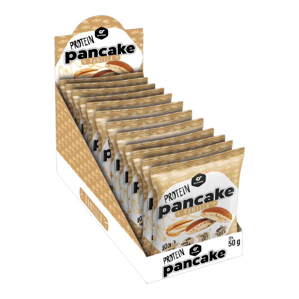 Display box of Go Fitness Protein Pancake pouches with soft pancakes and whey protein