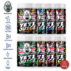 Gorillalpha Yeti Juice pre-workout containers with Yeti design, chaos crew protein, flavors like chocolate lemon