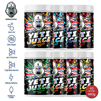 Gorillalpha Yeti Juice pre-workout containers with Yeti design, chaos crew protein, flavors like chocolate lemon