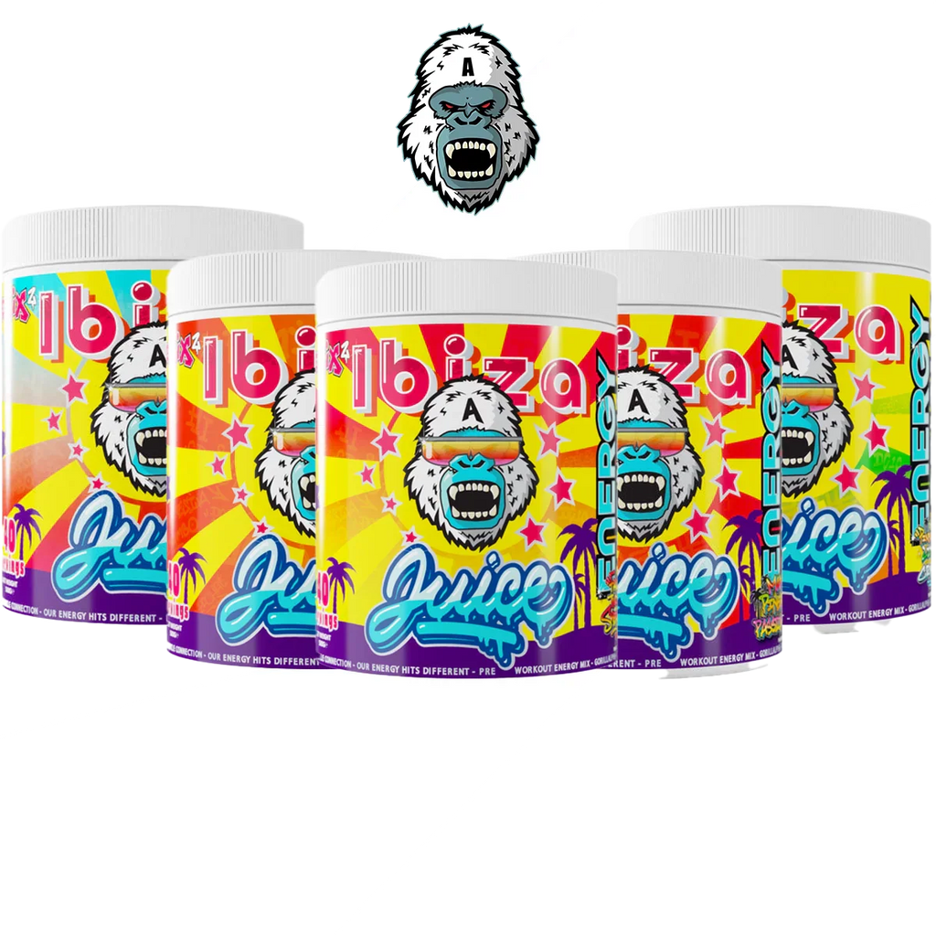 Five Gorillalpha Ibiza Juice Remix containers with a gorilla mascot for pre-workout fun