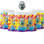 Five Gorillalpha Ibiza Juice Remix containers with a gorilla mascot for pre-workout fun