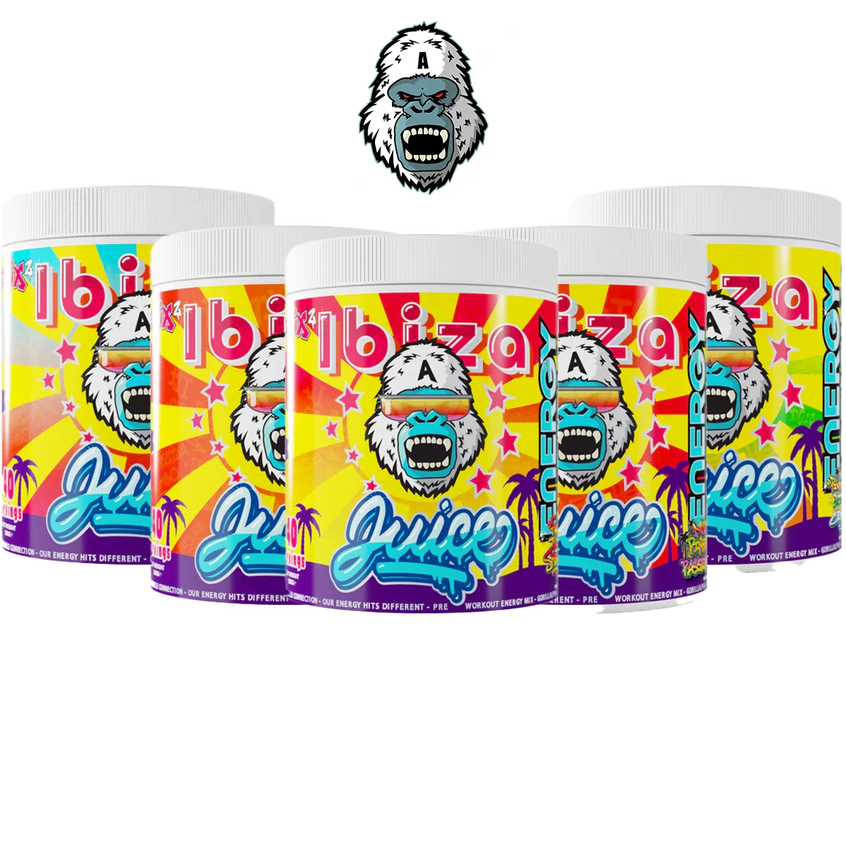 Five Gorillalpha Ibiza Juice Remix containers with a gorilla mascot for pre-workout fun