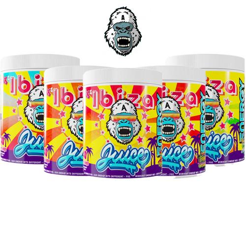 Five Gorillalpha Ibiza Juice Remix containers with a gorilla mascot for pre-workout fun