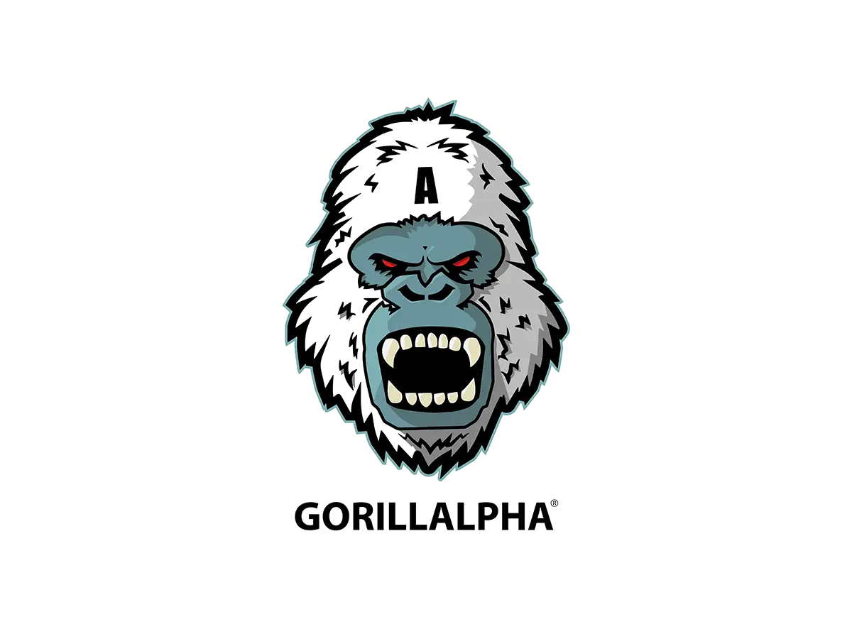 Logo of a gorilla with a fierce expression on a white background, featuring the brand 'Gorillapha'.