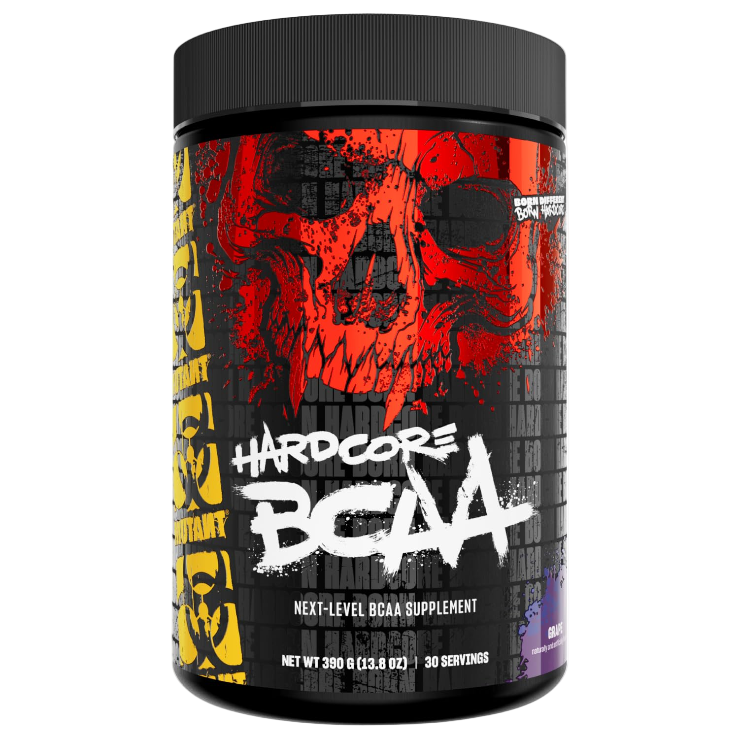 Supplement container with skull design and 'Hardcore BCAA' text on a white background