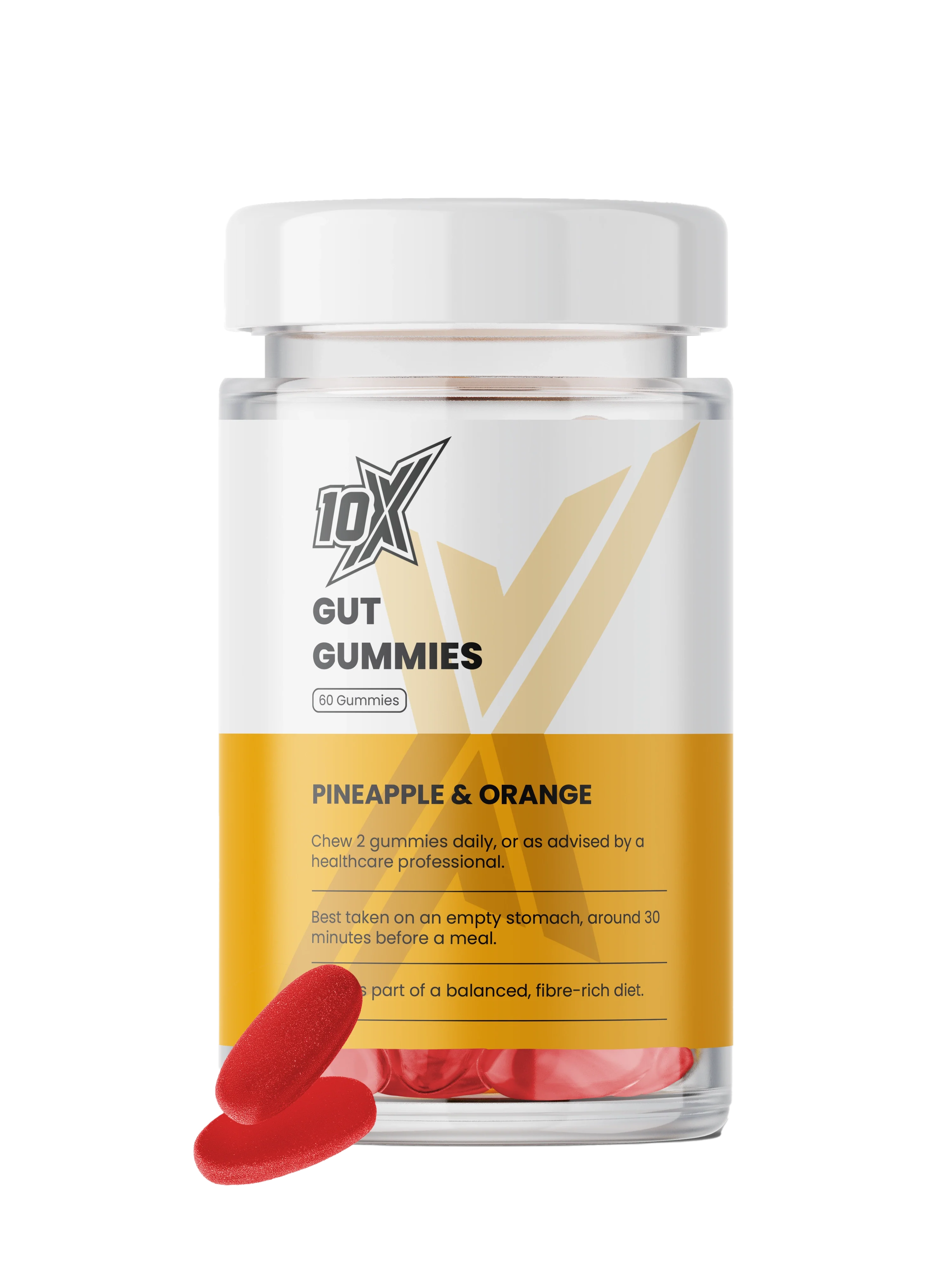 10X Gut Gummies bottle with two red gummies on a white background