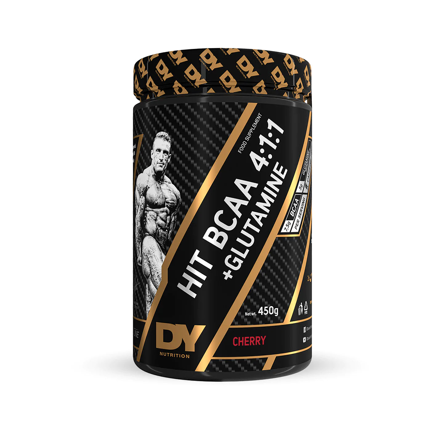 Black and gold DY Nutrition Hit BCAA 4:1:1 plus Glutamine supplement container