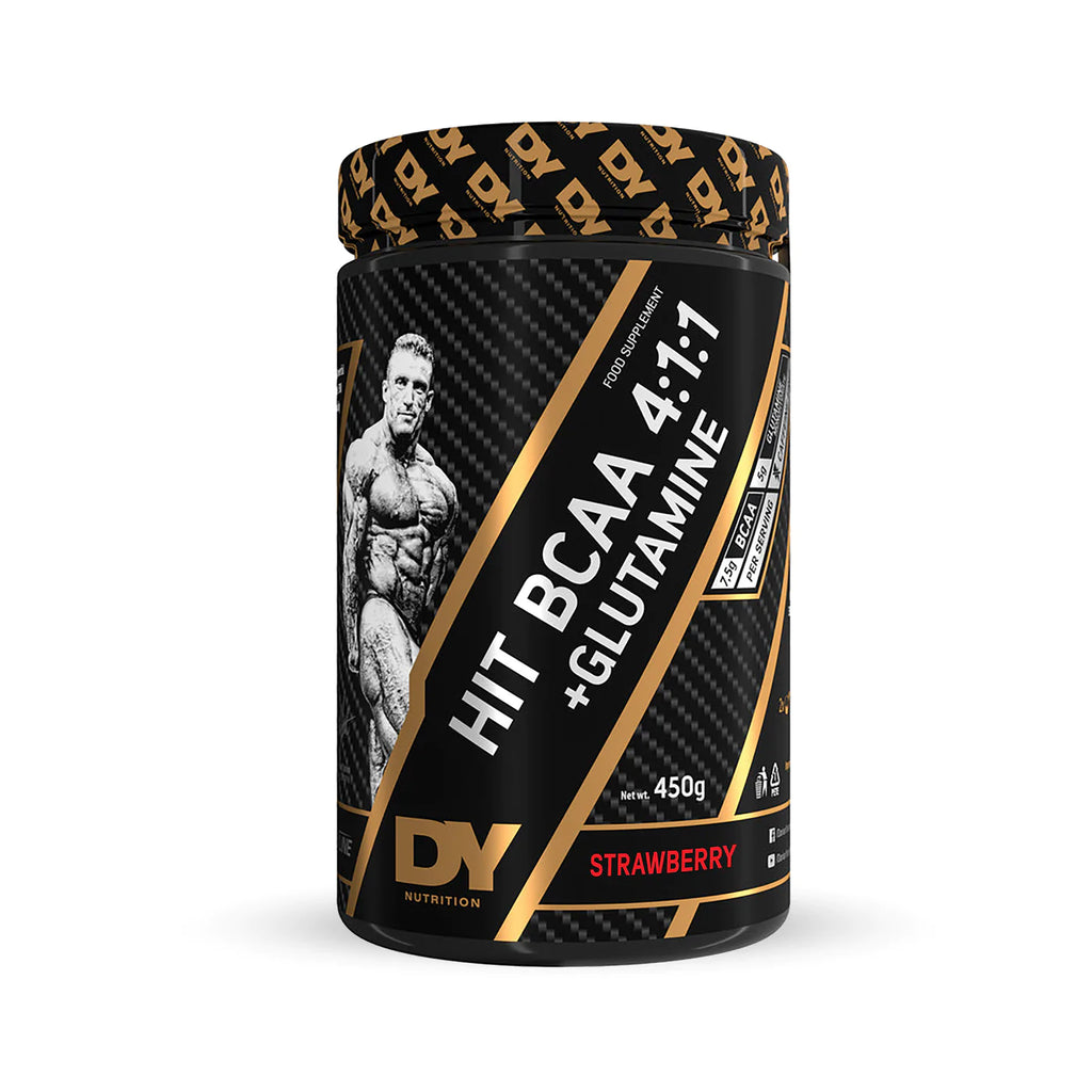 Black container of Nutrition Hit BCAA with Glutamine powder for muscle recovery