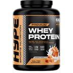 HYPE Whey Protein container with salted caramel flavor for muscle growth and essential amino acids
