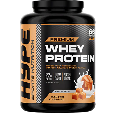 HYPE Whey Protein container with salted caramel flavor for muscle growth and essential amino acids